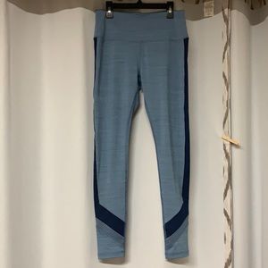 Light blue and dark blue striped Reebok workout leggings. Squat proof, size S